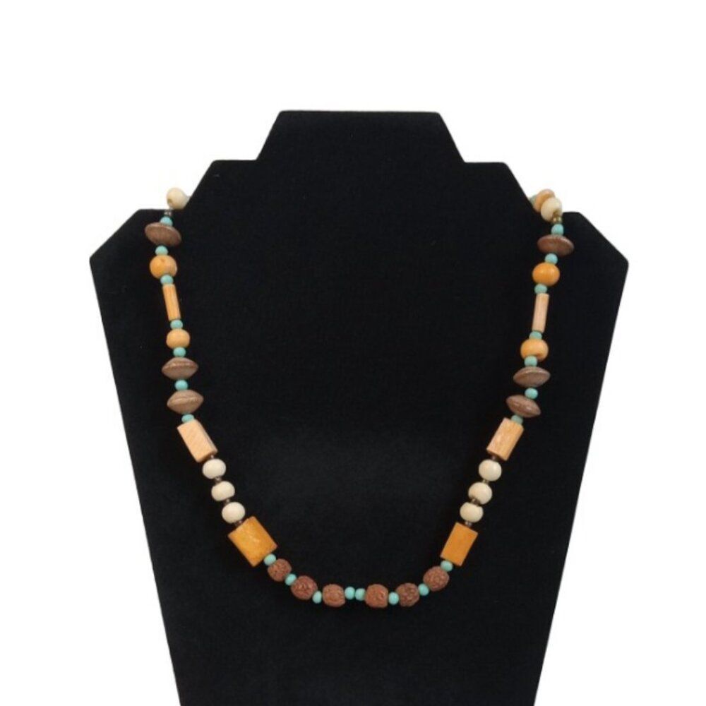 Vintage Orange Blue and Brown Assorted Wooden Beaded Single Strand Necklace